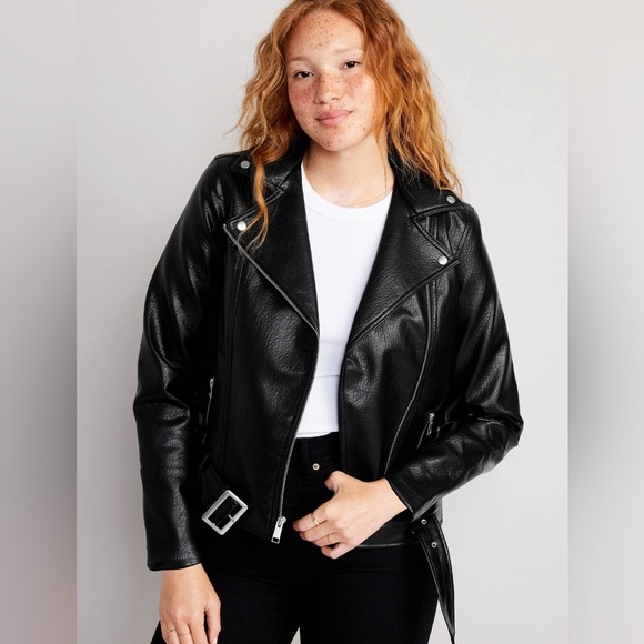 NWT! Old Navy Black Faux-Leather Belted Biker Jacket - Size Small - Picture 1 of 6